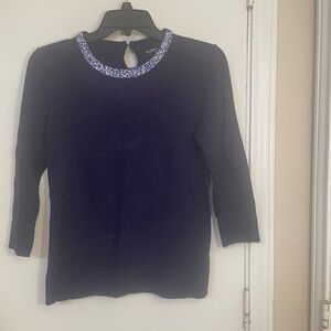 Liz Claiborne Navy Blue Top with Jeweled Neckline & 3/4 Length Sleeves